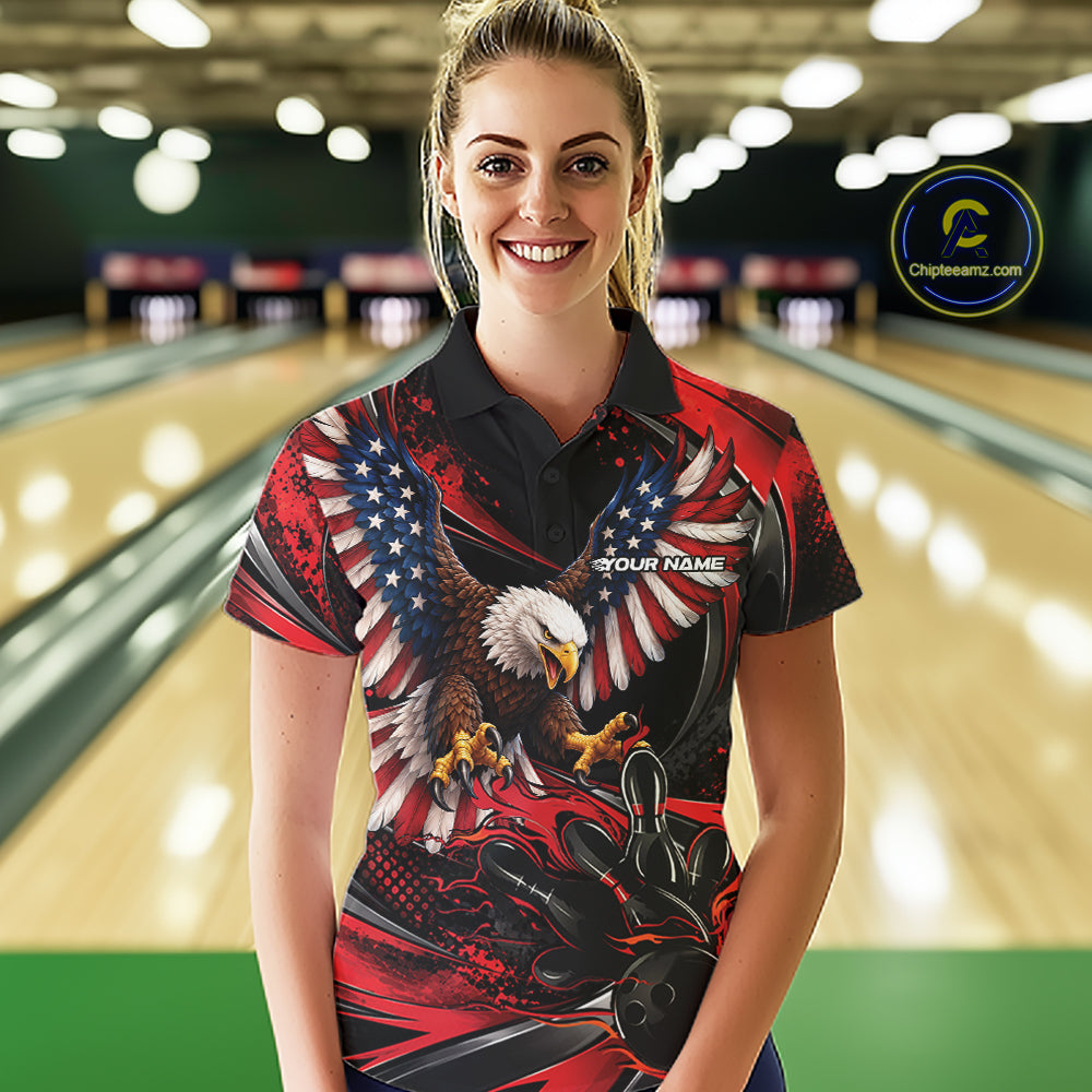 Custom Red Flame American Flag Eagle Patriotic Bowling Polo Shirt, Team Uniform