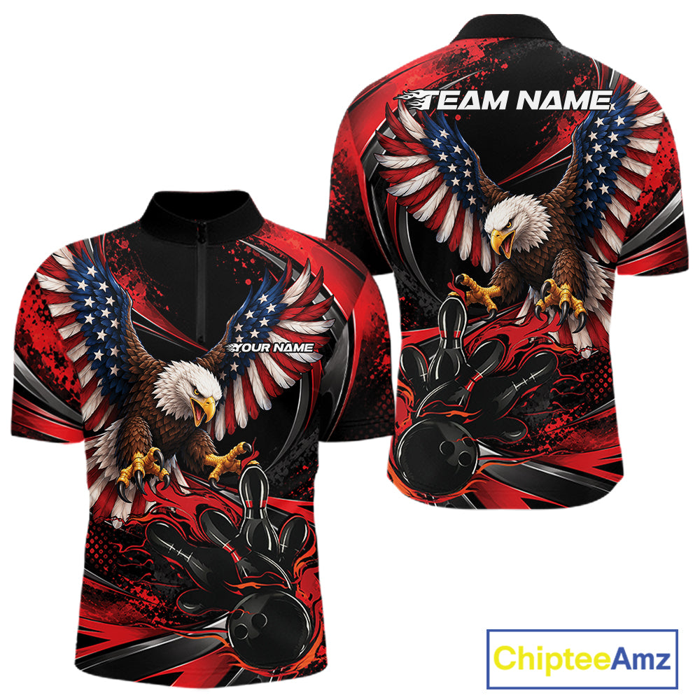 Custom Red Flame American Flag Eagle Patriotic Bowling Quarter Zip Shirt, Team Uniform