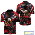 Custom Red Flame American Flag Eagle Patriotic Bowling Quarter Zip Shirt, Team Uniform