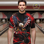 Custom Red Flame American Flag Eagle Patriotic Bowling Quarter Zip Shirt, Team Uniform