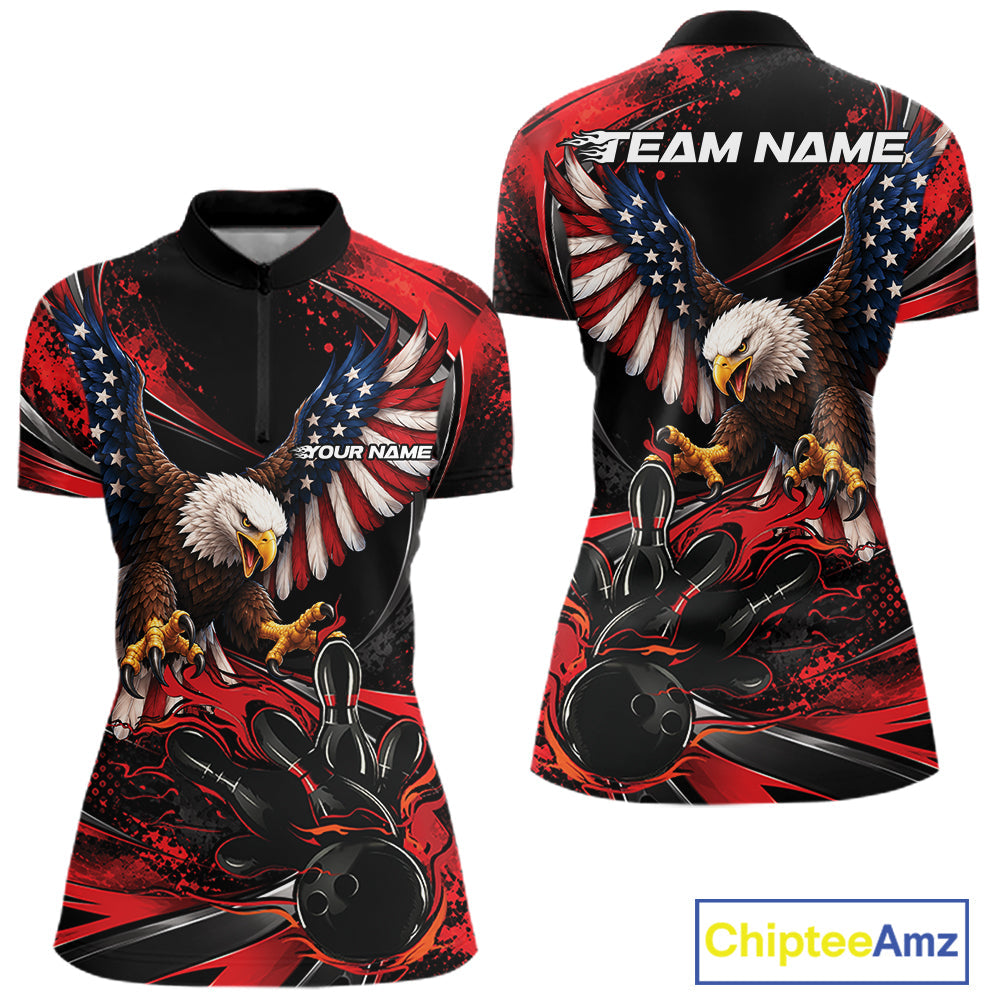 Custom Red Flame American Flag Eagle Patriotic Bowling Quarter-Zip Shirt