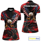Custom Red Flame American Flag Eagle Patriotic Bowling Quarter-Zip Shirt
