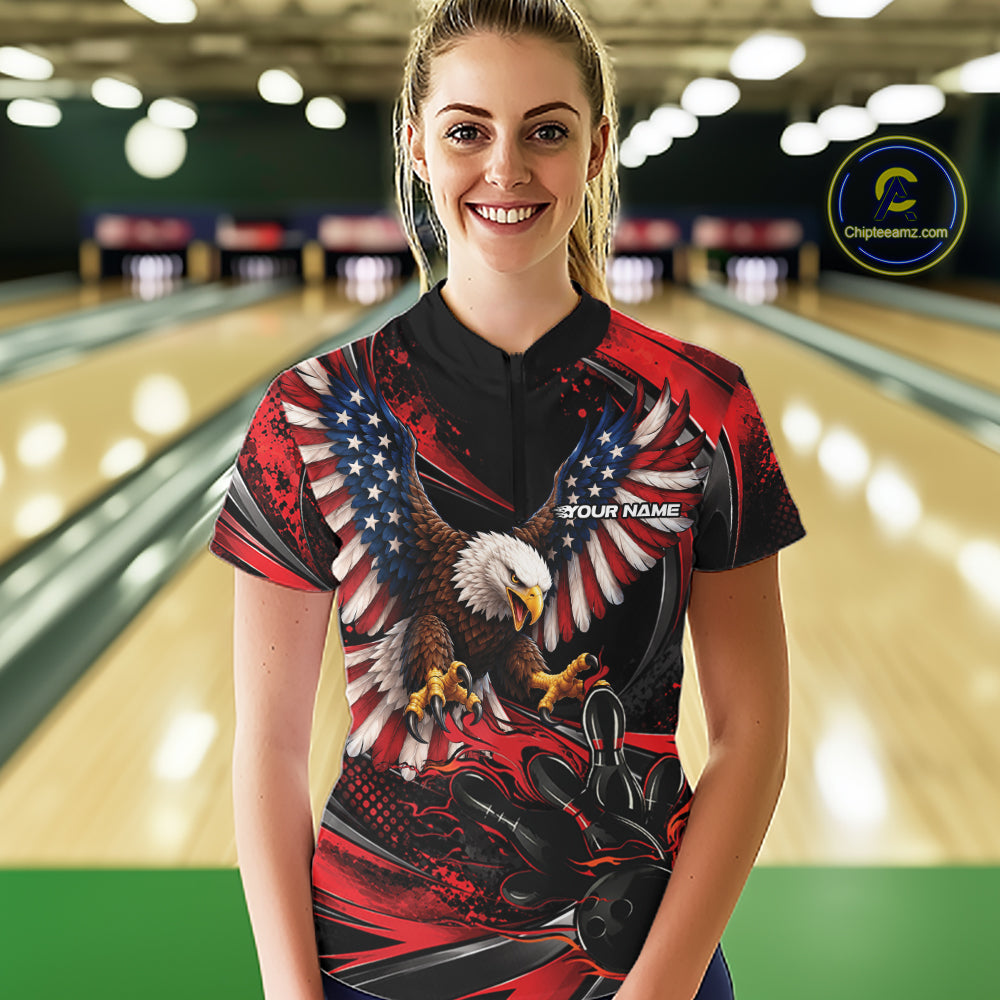 Custom Red Flame American Flag Eagle Patriotic Bowling Quarter-Zip Shirt