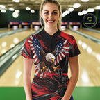 Custom Red Flame American Flag Eagle Patriotic Bowling Quarter-Zip Shirt