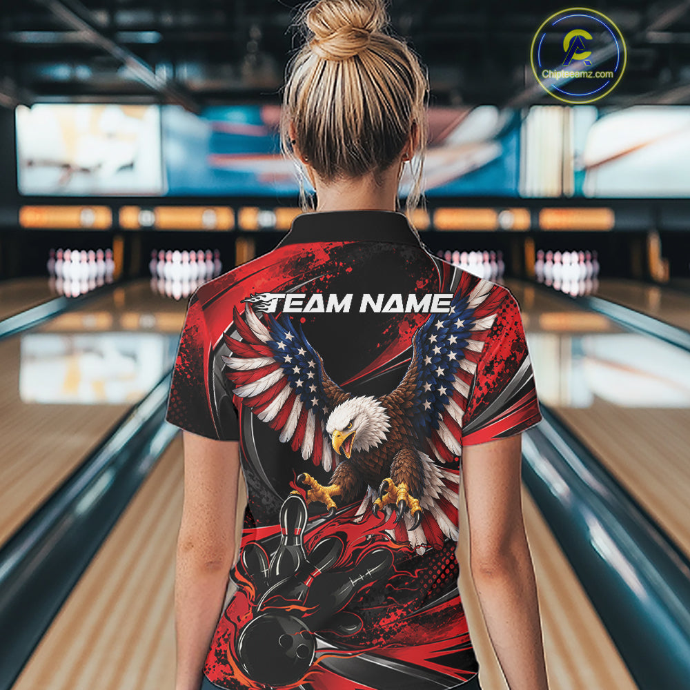 Custom Red Flame American Flag Eagle Patriotic Bowling Quarter-Zip Shirt