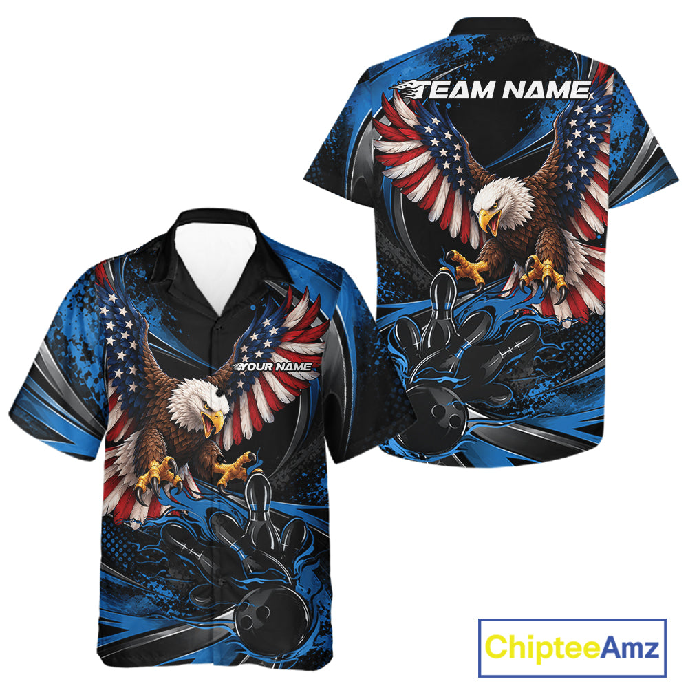 Custom Blue Flame American Flag Eagle Patriotic Bowling And Button Up Shirt, Team Uniform