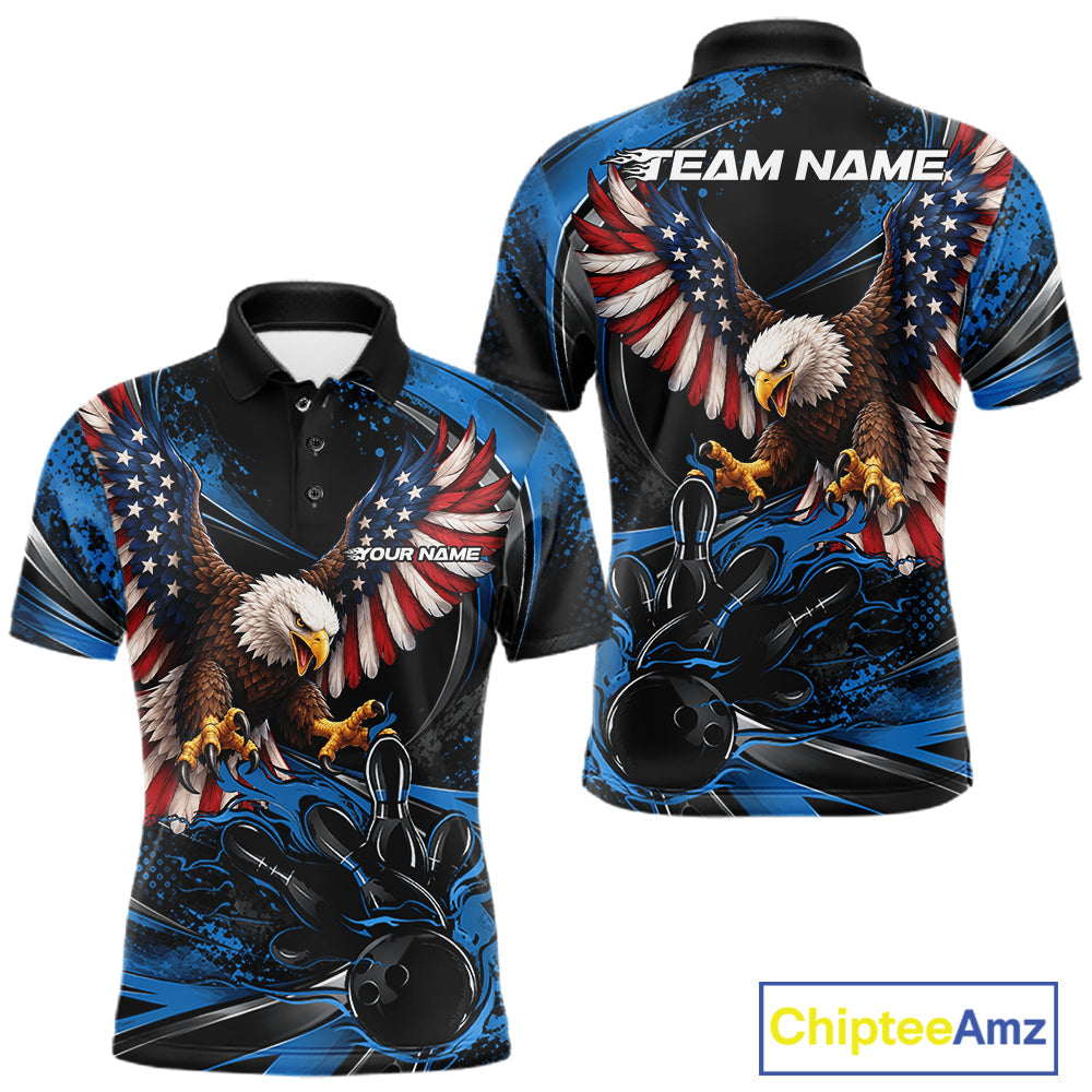 Custom Blue Flame American Flag Eagle Patriotic Bowling Polo Shirt, Team Uniform
