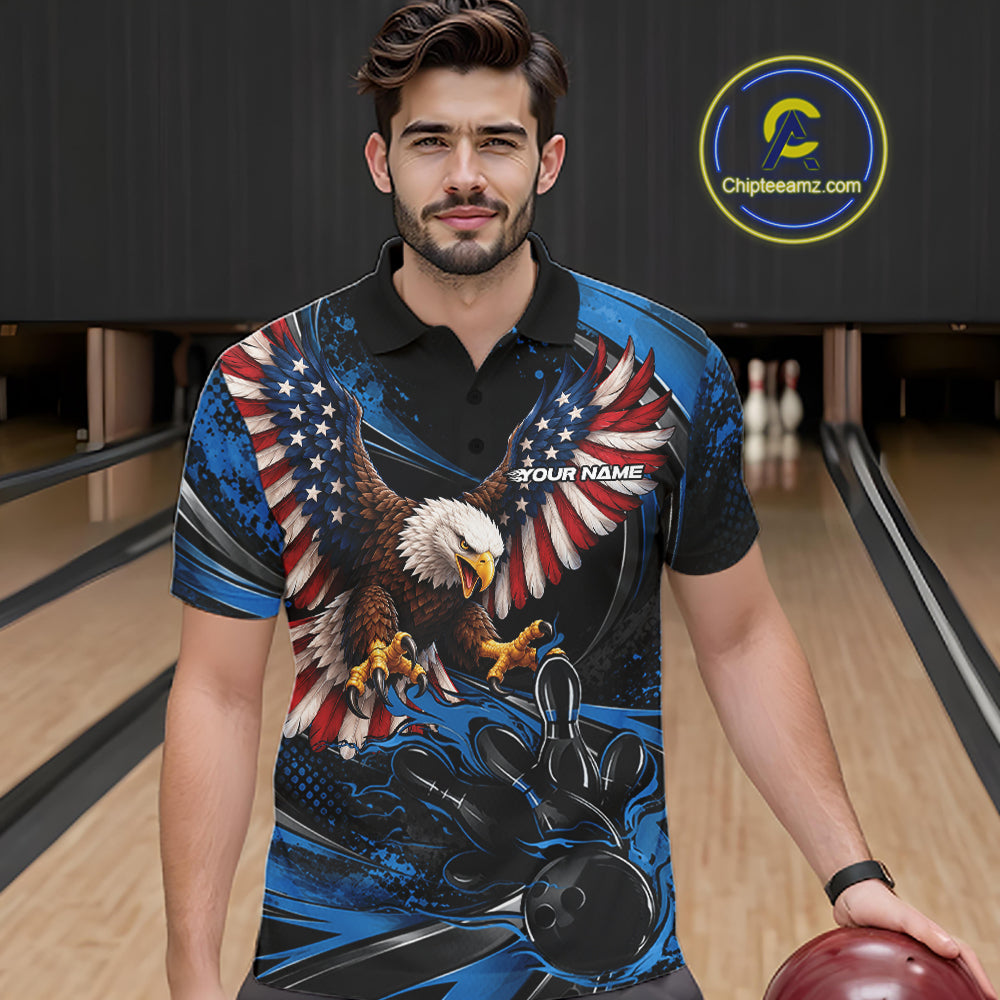 Custom Blue Flame American Flag Eagle Patriotic Bowling Polo Shirt, Team Uniform