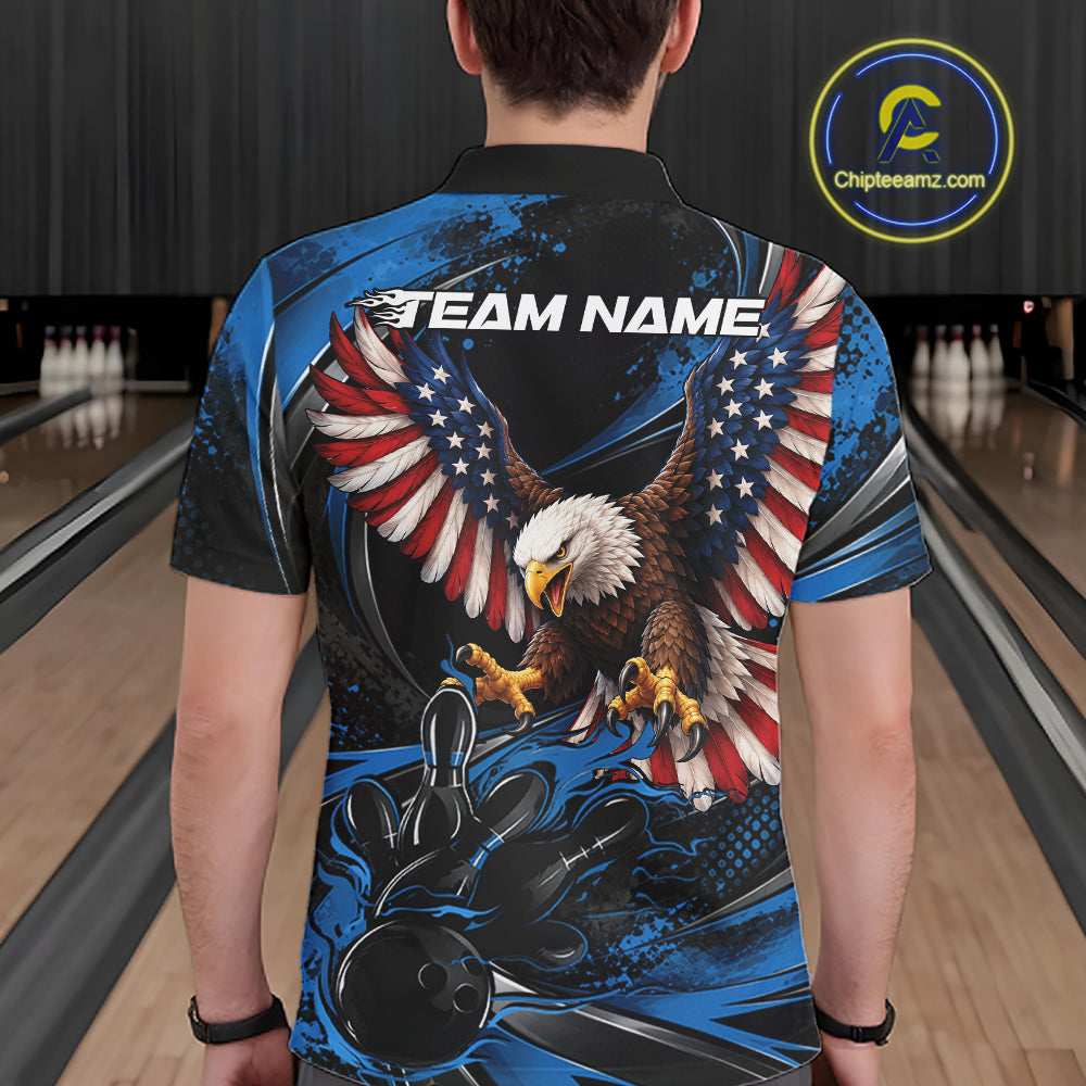 Custom Blue Flame American Flag Eagle Patriotic Bowling Polo Shirt, Team Uniform