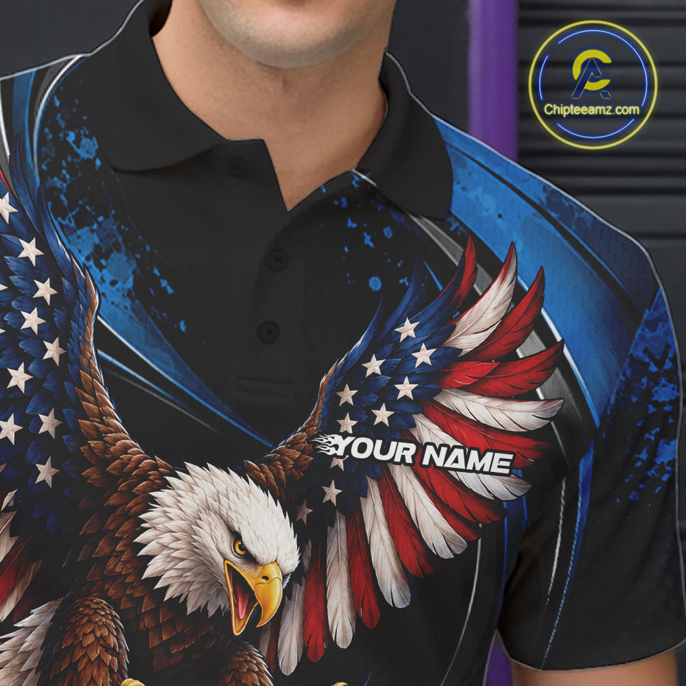 Custom Blue Flame American Flag Eagle Patriotic Bowling Polo Shirt, Team Uniform