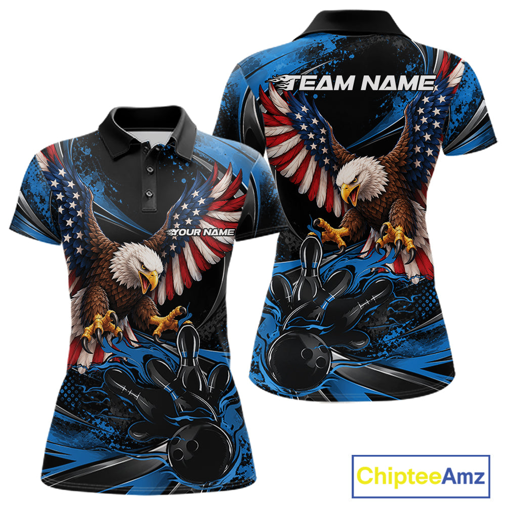 Custom Blue Flame American Flag Eagle Patriotic Bowling Polo Shirt, Team Uniform