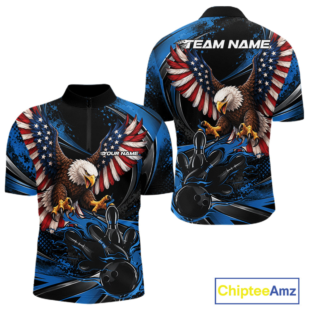 Custom Blue Flame American Flag Eagle Patriotic Bowling Quarter Zip Shirt, Team Uniform