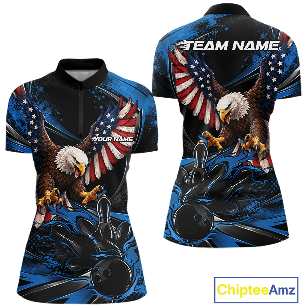 Custom Blue Flame American Flag Eagle Patriotic Bowling Quarter-Zip Shirt