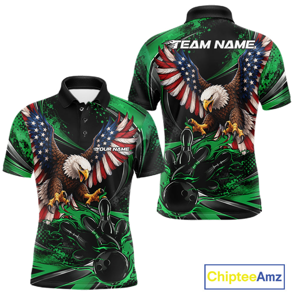 Custom Green Flame American Flag Eagle Patriotic Bowling Polo Shirt, Team Uniform
