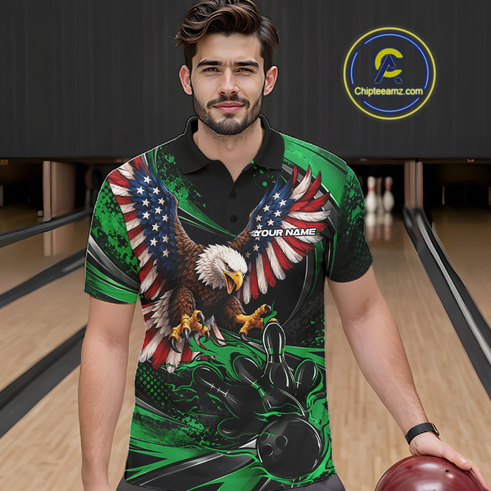 Custom Green Flame American Flag Eagle Patriotic Bowling Polo Shirt, Team Uniform