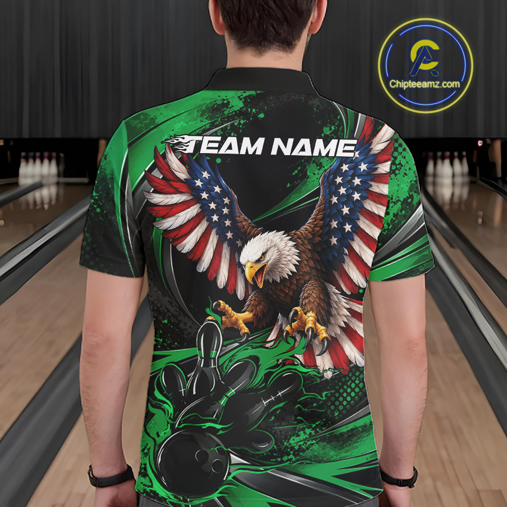 Custom Green Flame American Flag Eagle Patriotic Bowling Polo Shirt, Team Uniform