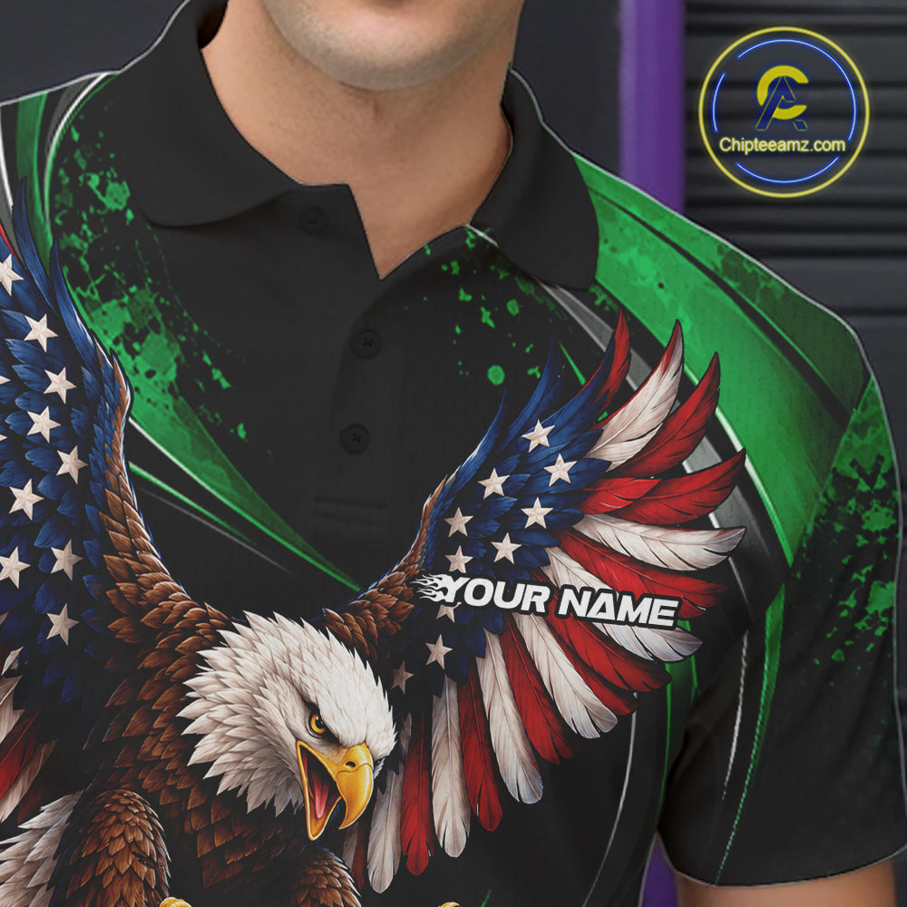 Custom Green Flame American Flag Eagle Patriotic Bowling Polo Shirt, Team Uniform