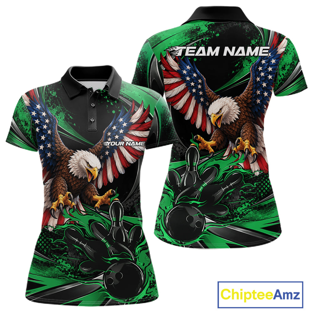 Custom Green Flame American Flag Eagle Patriotic Bowling Polo Shirt, Team Uniform