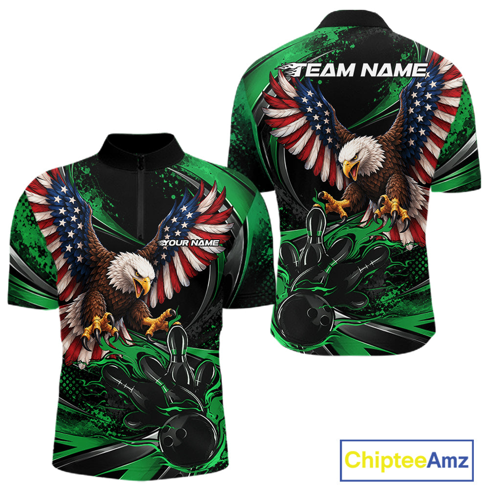 Custom Green Flame American Flag Eagle Patriotic Bowling Quarter Zip Shirt, Team Uniform