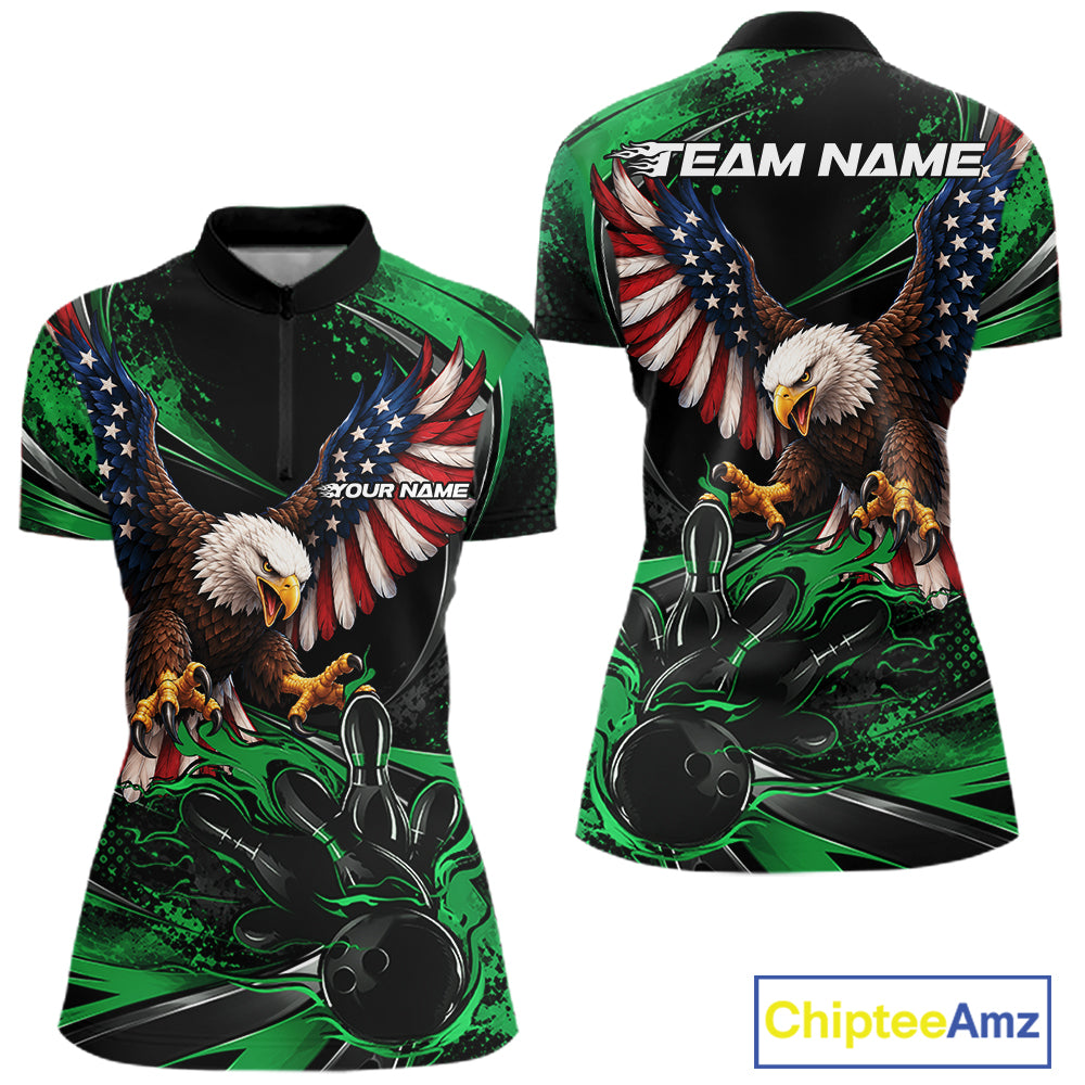 Custom Green Flame American Flag Eagle Patriotic Bowling Quarter-Zip Shirt