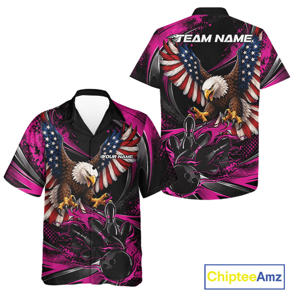 Custom Pink Flame American Flag Eagle Patriotic Bowling And Button Up Shirt, Team Uniform