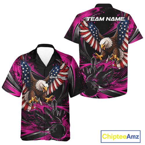 Custom Pink Flame American Flag Eagle Patriotic Bowling And Button Up Shirt, Team Uniform