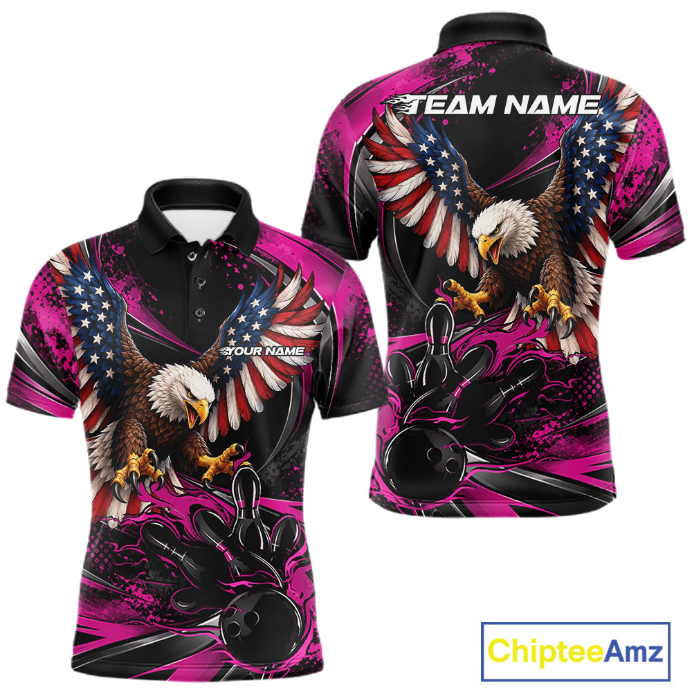 Custom Pink Flame American Flag Eagle Patriotic Bowling Polo Shirt, Team Uniform