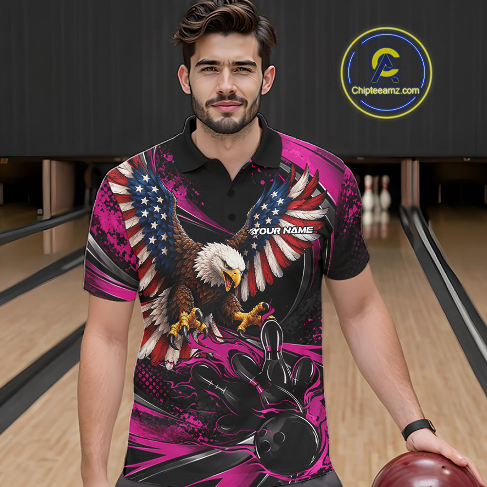 Custom Pink Flame American Flag Eagle Patriotic Bowling Polo Shirt, Team Uniform