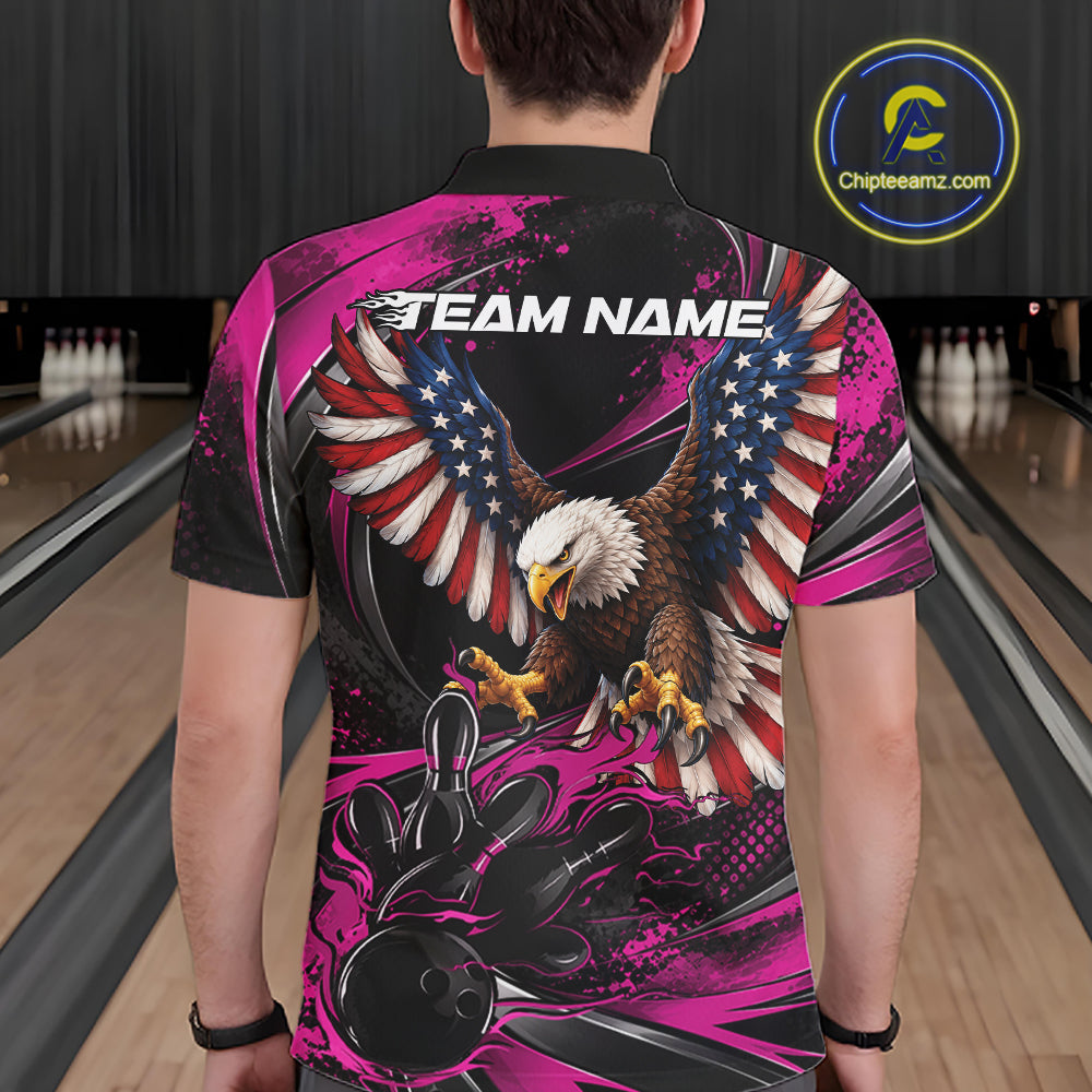 Custom Pink Flame American Flag Eagle Patriotic Bowling Polo Shirt, Team Uniform