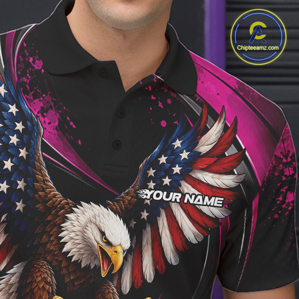 Custom Pink Flame American Flag Eagle Patriotic Bowling Polo Shirt, Team Uniform