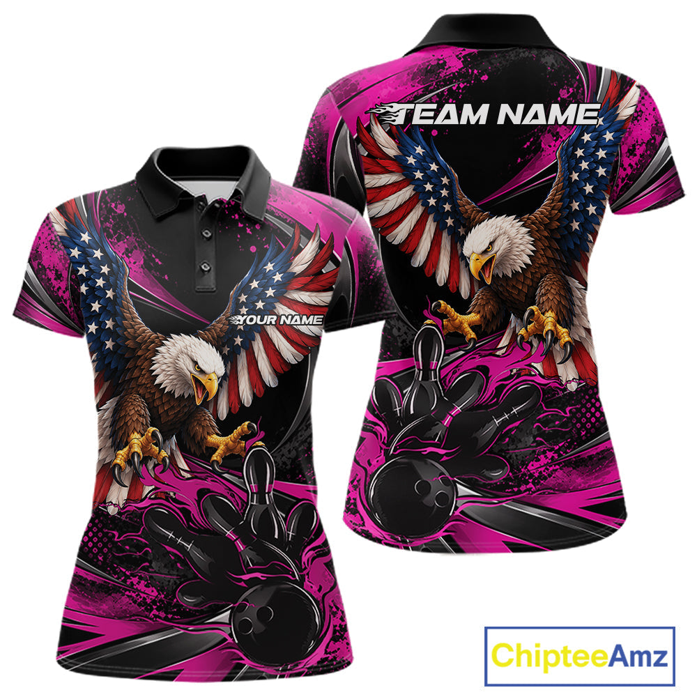 Custom Pink Flame American Flag Eagle Patriotic Bowling Polo Shirt, Team Uniform
