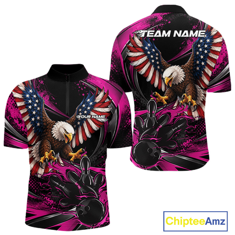 Custom Pink Flame American Flag Eagle Patriotic Bowling Quarter Zip Shirt, Team Uniform