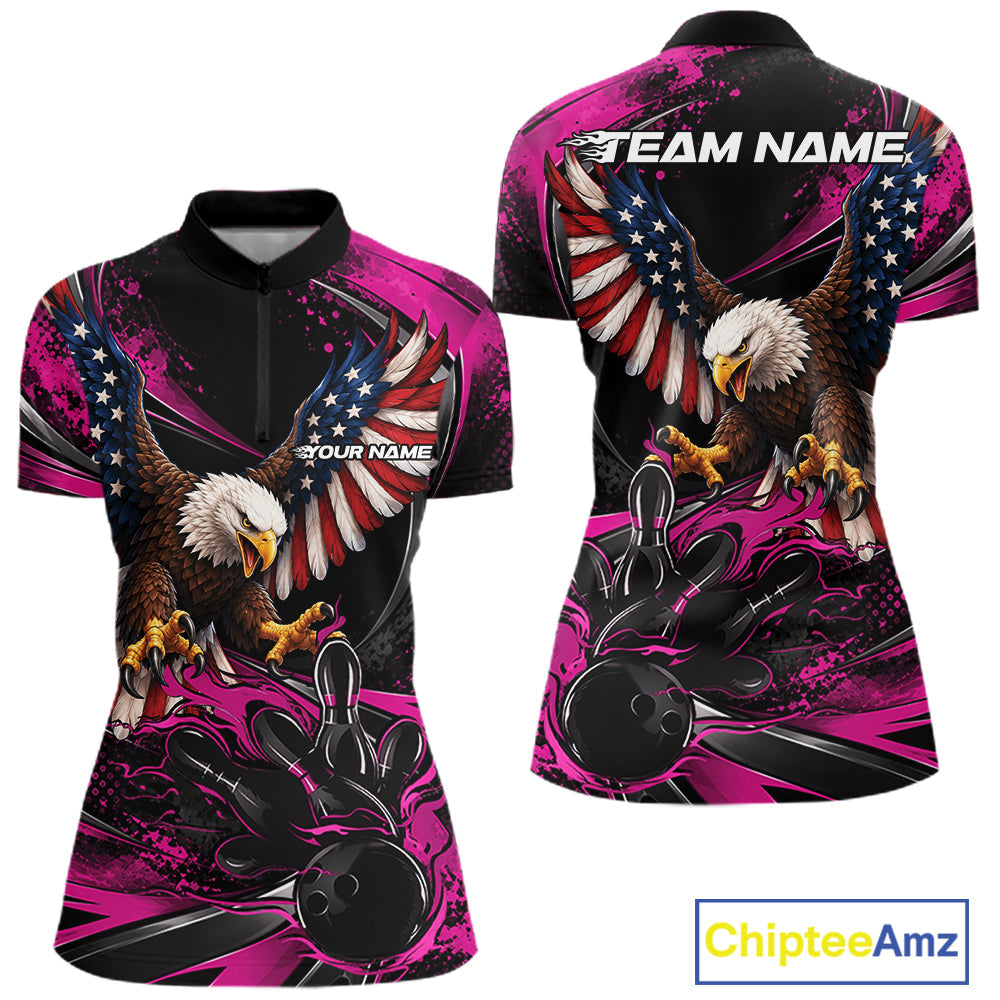 Custom Pink Flame American Flag Eagle Patriotic Bowling Quarter-Zip Shirt