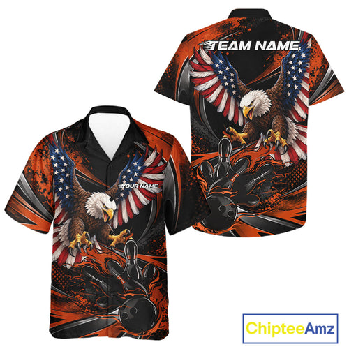 Custom Orange Flame American Flag Eagle Patriotic Bowling And Button Up Shirt, Team Uniform