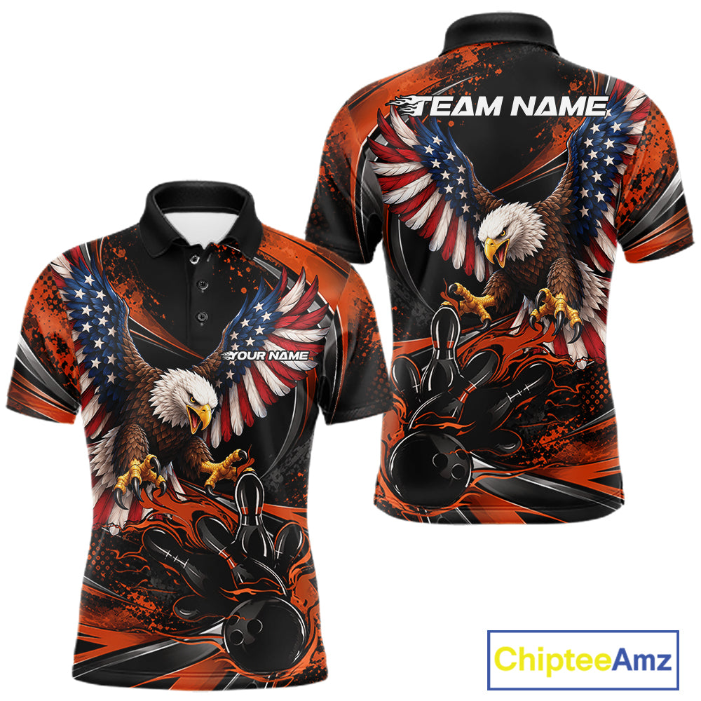 Custom Orange Flame American Flag Eagle Patriotic Bowling Polo Shirt, Team Uniform