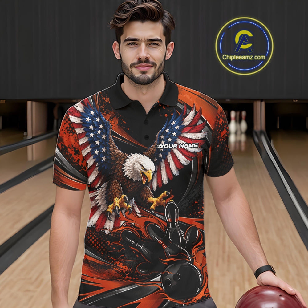 Custom Orange Flame American Flag Eagle Patriotic Bowling Polo Shirt, Team Uniform