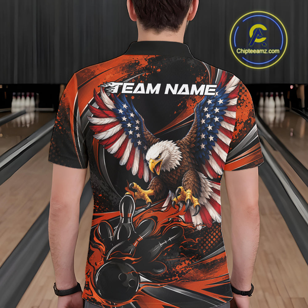 Custom Orange Flame American Flag Eagle Patriotic Bowling Polo Shirt, Team Uniform