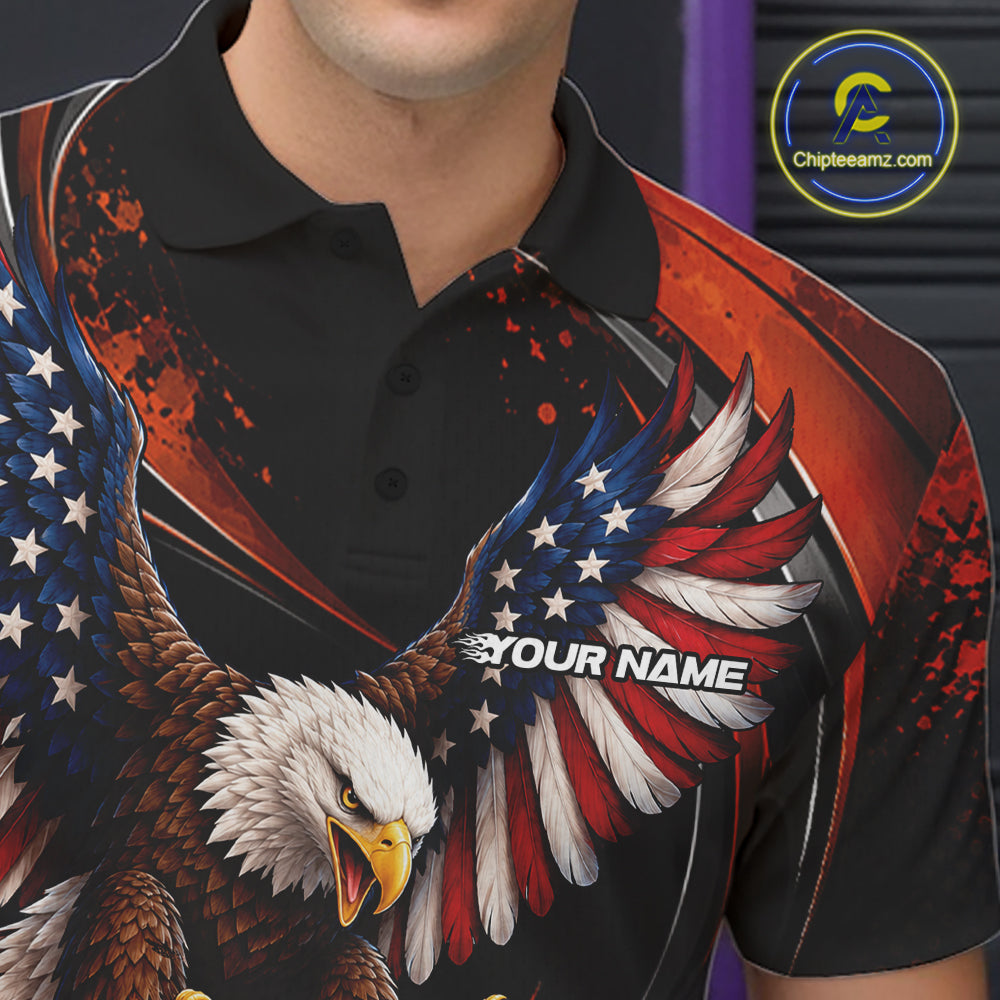 Custom Orange Flame American Flag Eagle Patriotic Bowling Polo Shirt, Team Uniform