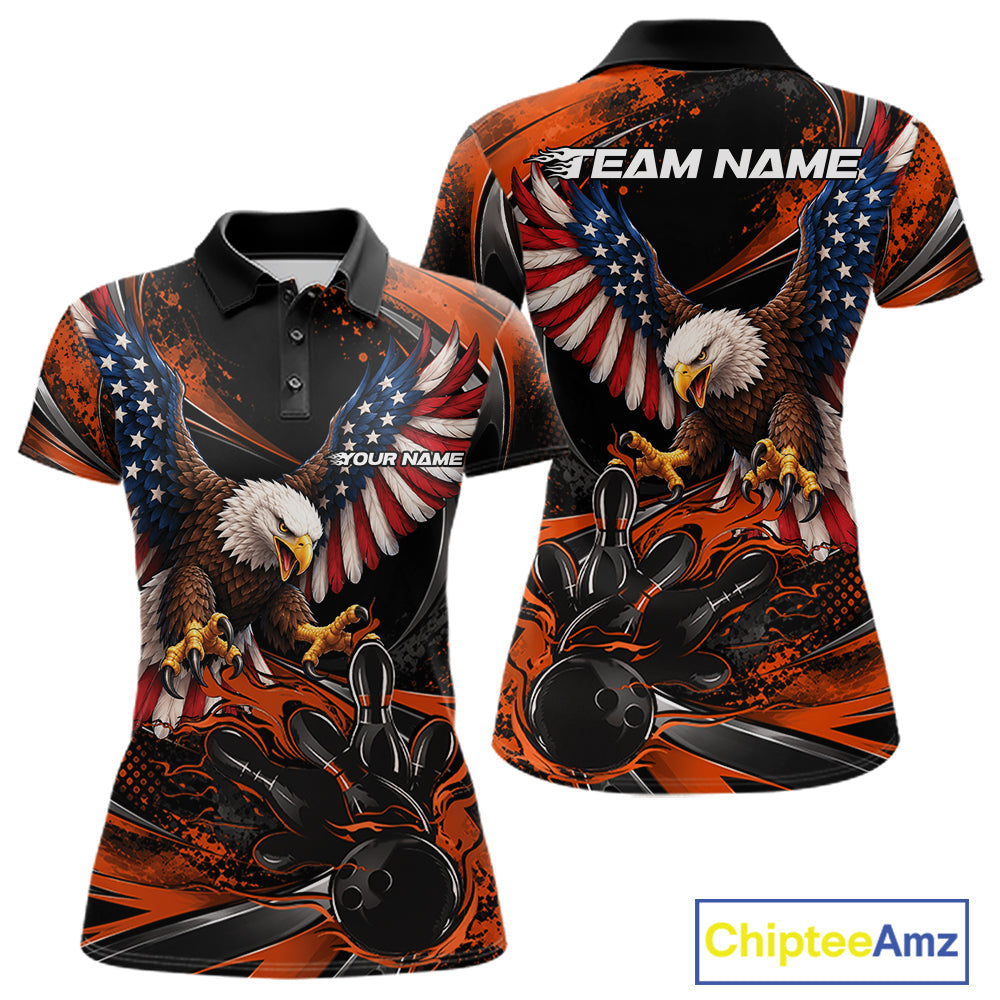 Custom Orange Flame American Flag Eagle Patriotic Bowling Polo Shirt, Team Uniform