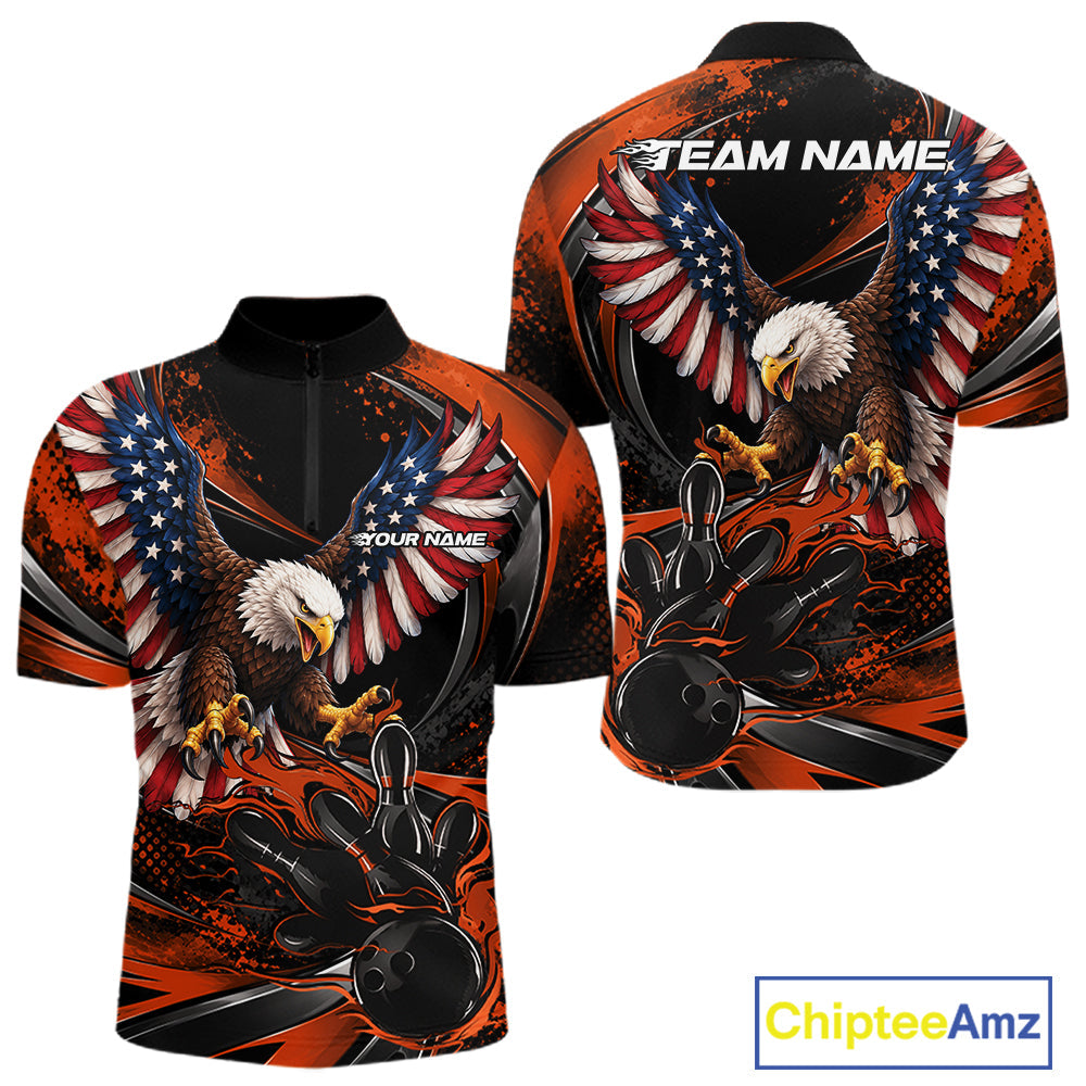 Custom Orange Flame American Flag Eagle Patriotic Bowling Quarter Zip Shirt, Team Uniform