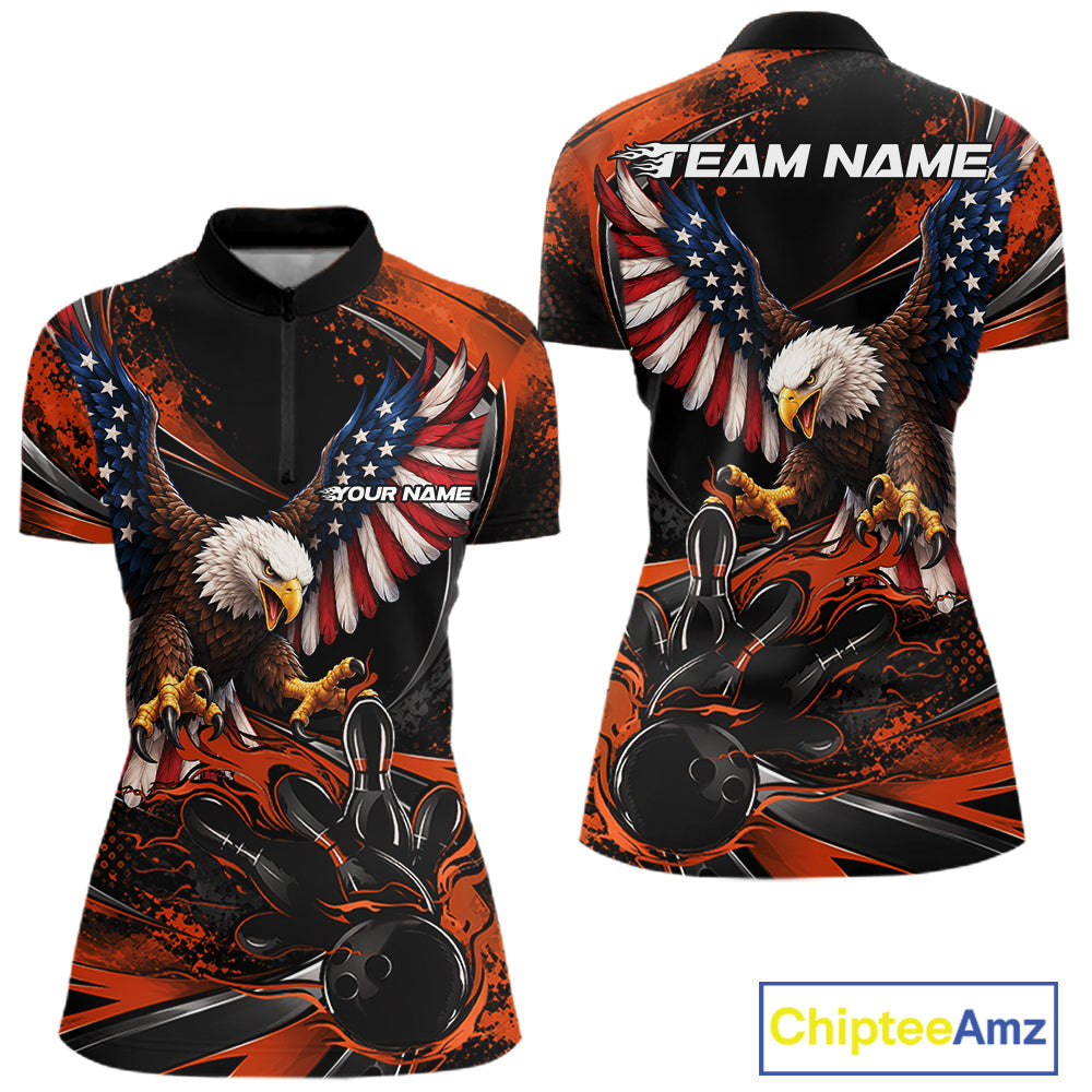 Custom Orange Flame American Flag Eagle Patriotic Bowling Quarter-Zip Shirt
