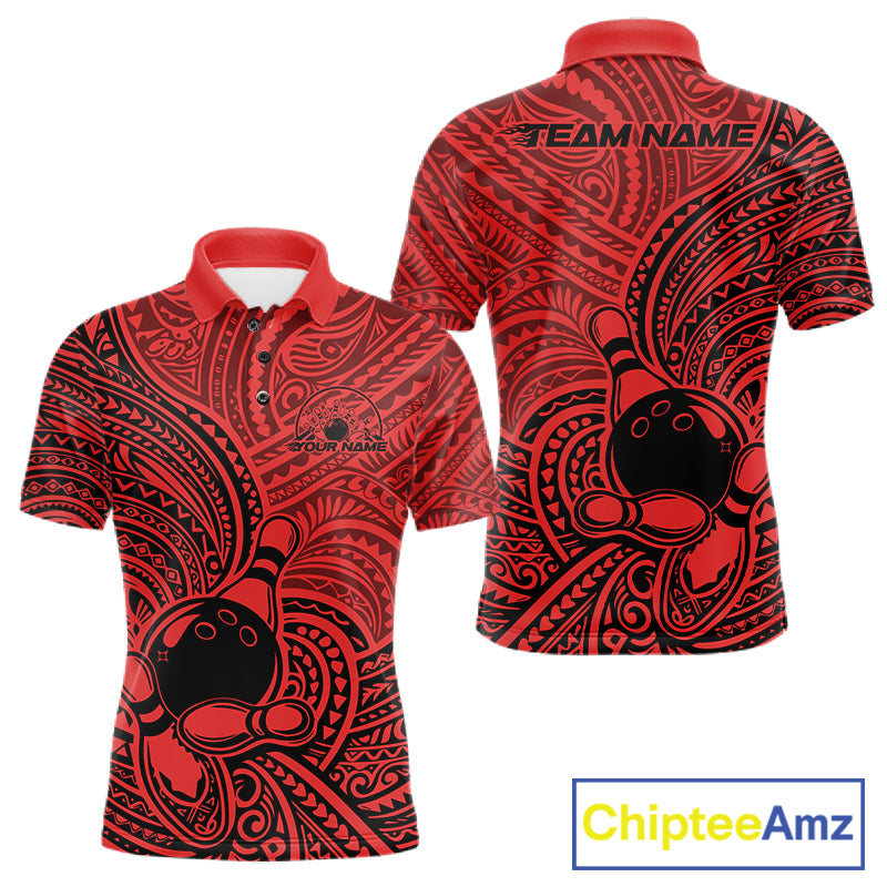 Custom Black And Red Traditional Samoan Tribal Polynesian Pattern Bowling Shirt