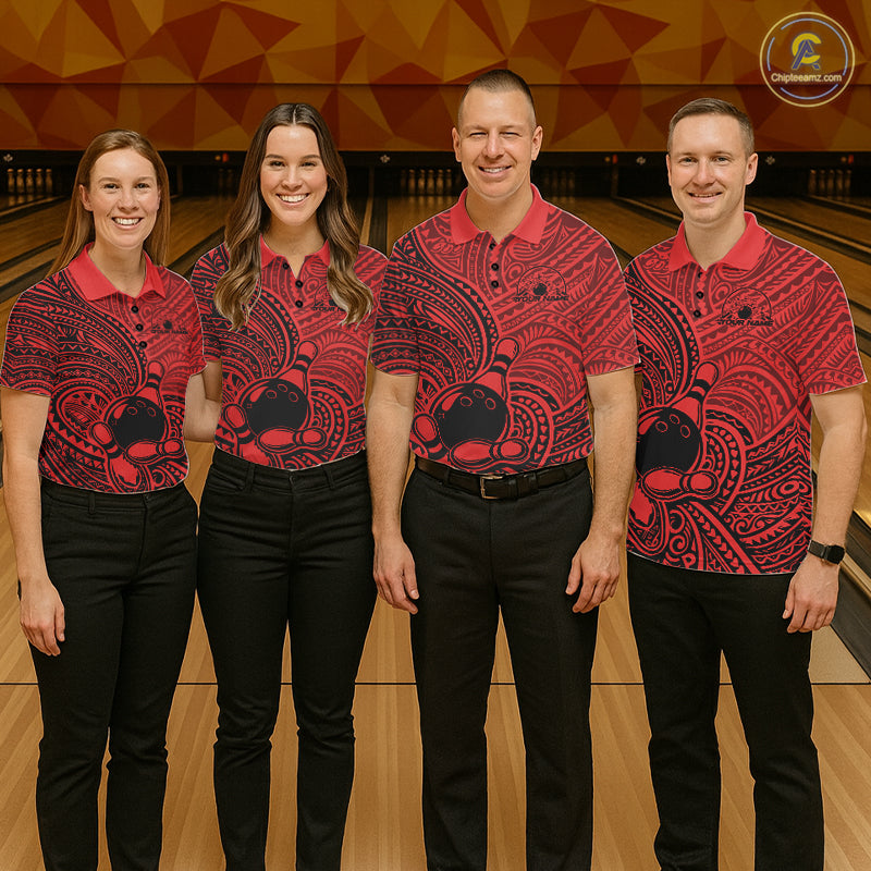 Custom Black And Red Traditional Samoan Tribal Polynesian Pattern Bowling Shirt