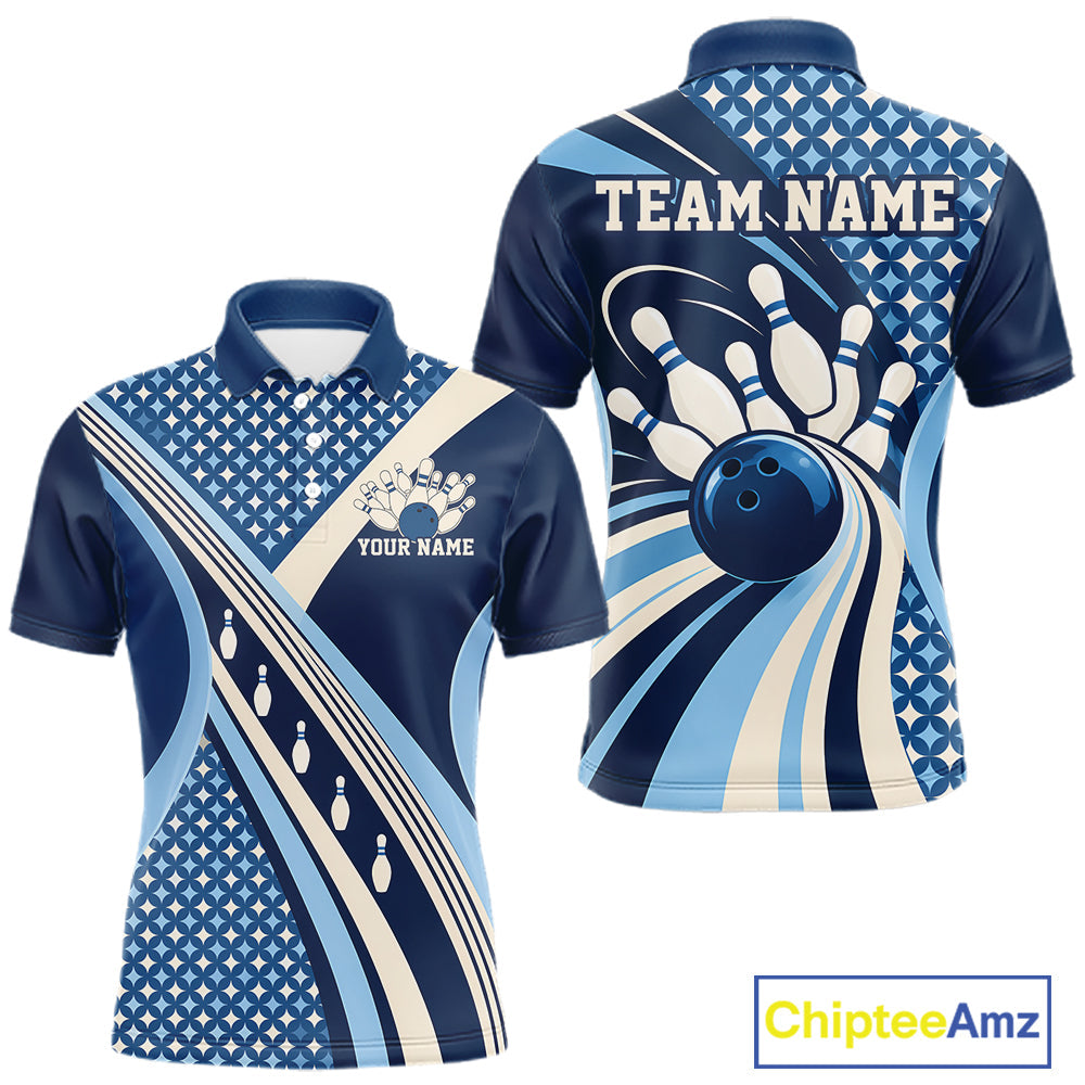 Custom Blue Classic Retro Matching Bowling Team League Shirt, Bowling Polo Shirt