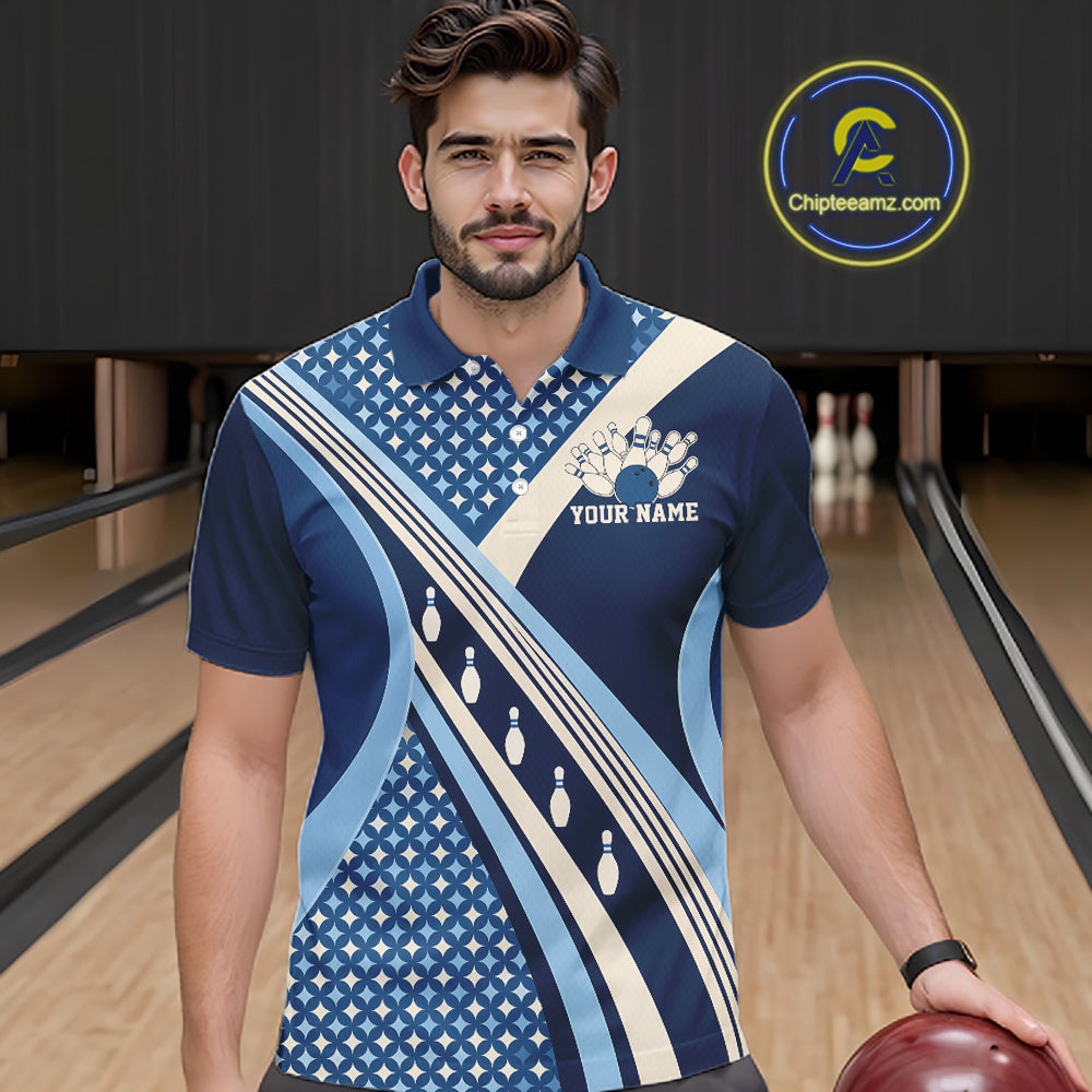 Custom Blue Classic Retro Matching Bowling Team League Shirt, Bowling Polo Shirt