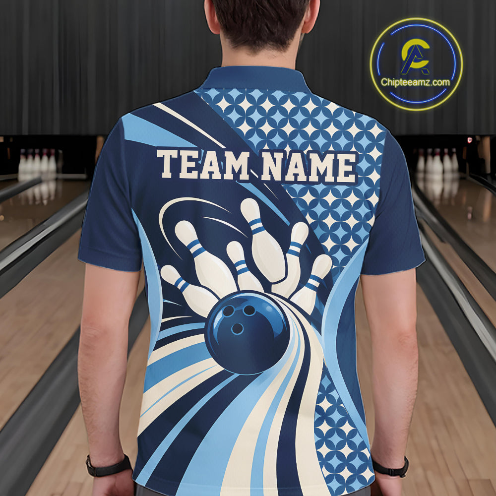Custom Blue Classic Retro Matching Bowling Team League Shirt, Bowling Polo Shirt