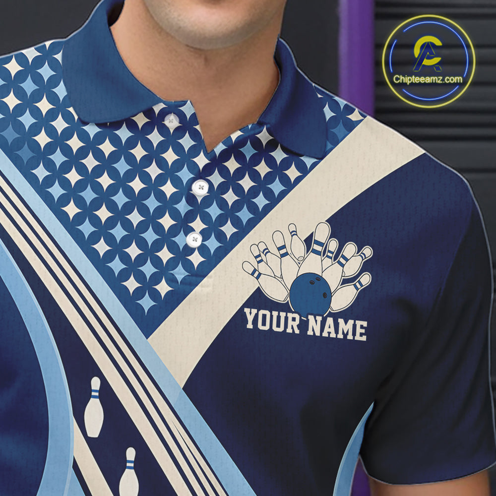 Custom Blue Classic Retro Matching Bowling Team League Shirt, Bowling Polo Shirt