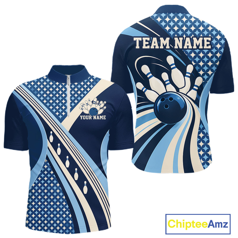 Custom Blue Classic Retro Matching Bowling Team League Shirt, Bowling Quarter Zip Shirt