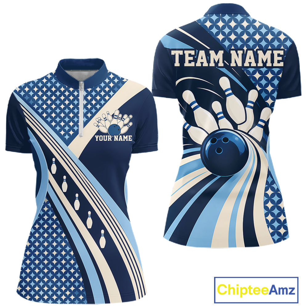 Custom Blue Classic Retro Matching Bowling Team Shirt, Bowling Quarter-Zip Shirt