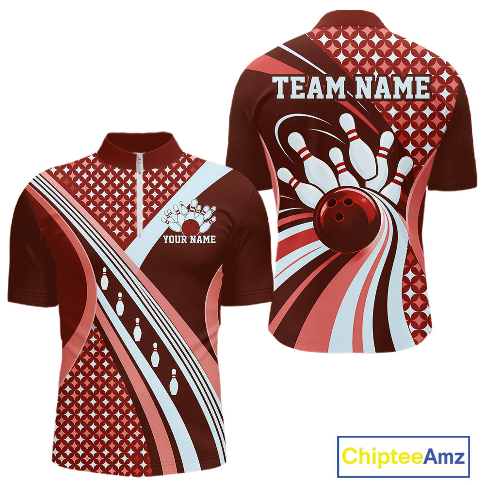 Custom Burgundy Red Classic Retro Bowling Team League Shirt, Bowling Quarter Zip Shirt